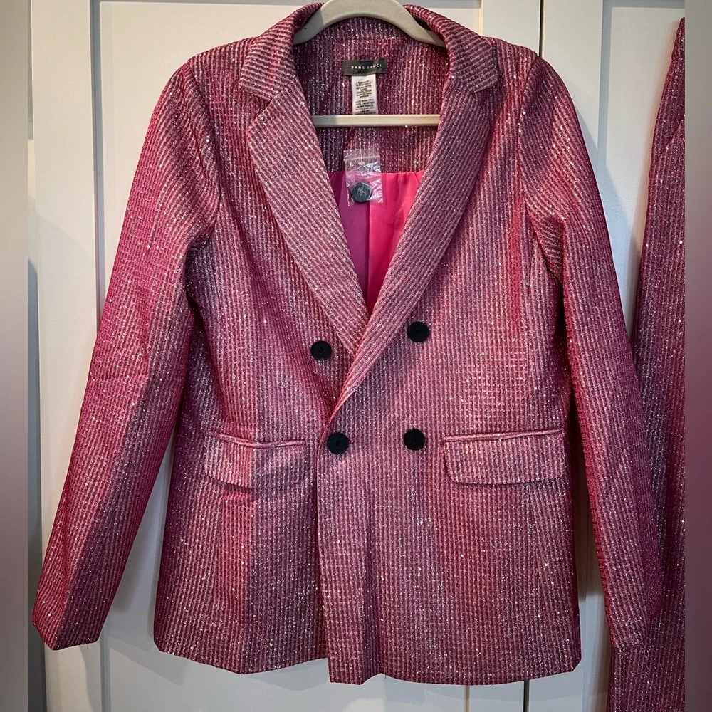 NWT Sans Souci Pink Sparkle Glitter Suit Set Blazer Pants Party NYE Medium